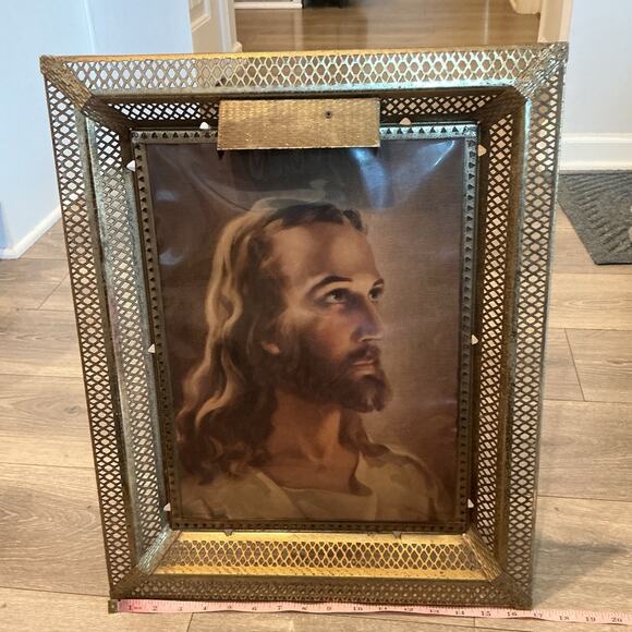 Vtg Jesus Lithograph Picture Brass Frame Warner Sallman MCM Midcentury Modern